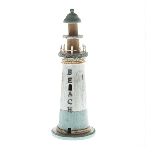 Deko Holz-Leuchtturm rustikal blau/weiß 49,5 cm