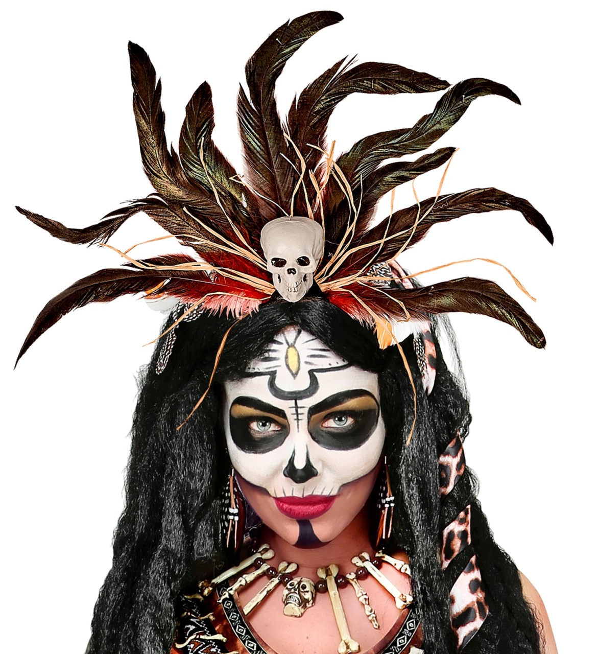 Kostüm Zubehör Voodoo Totenkpopf Haarreif mit Federn