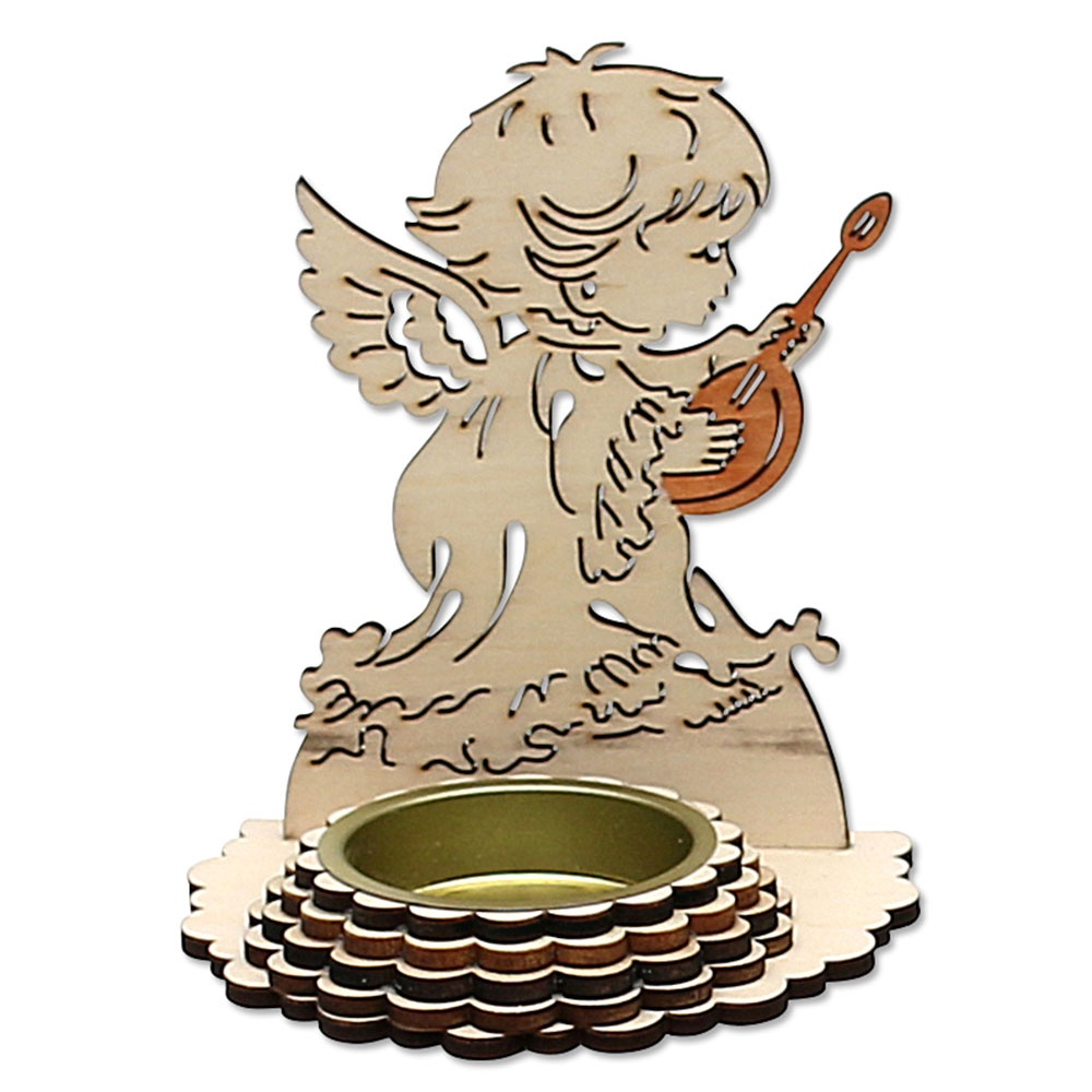 Teelichhalter aus Holz Engel mit Musikinstrument Gitarre