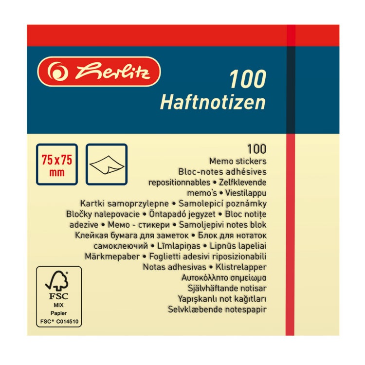 Herlitz Haftnotizblock 75x75 mm 100 Blatt gelb