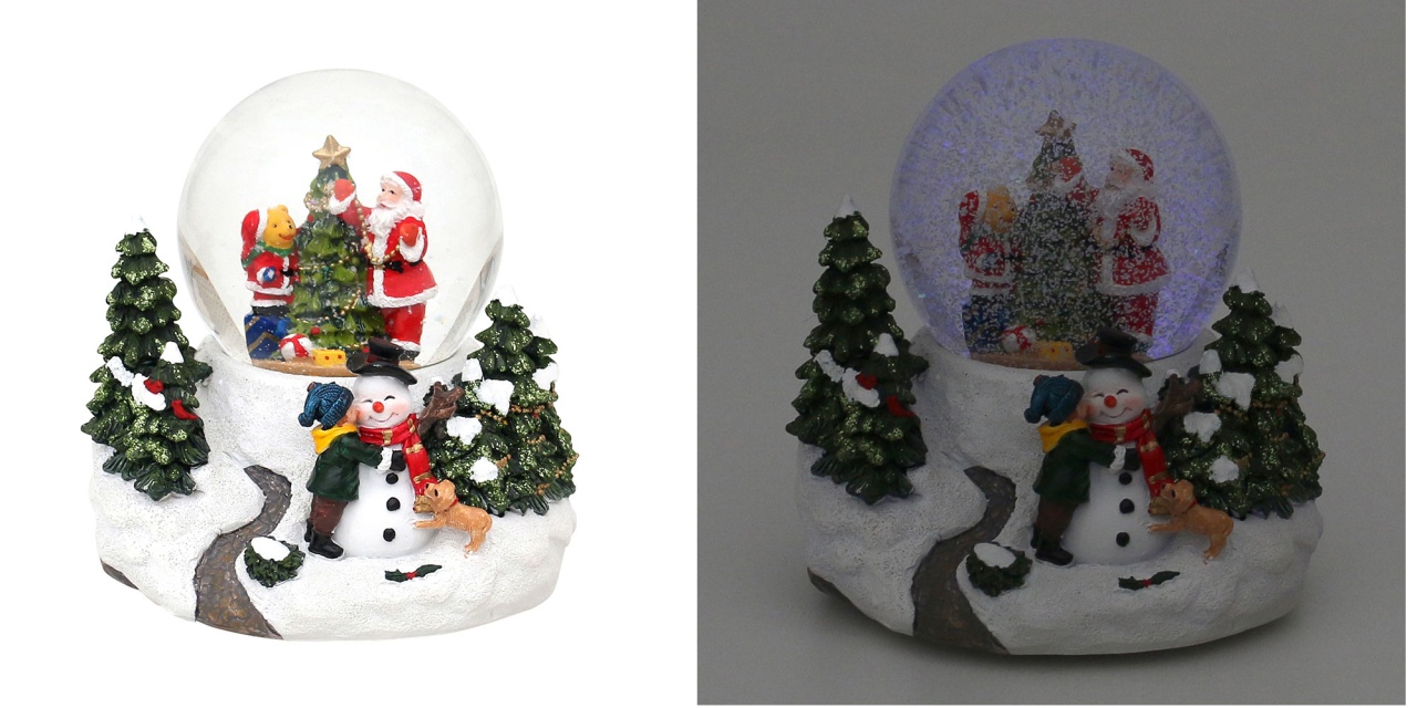 Schneekugel Santa und Bär am Tannenbaum LED Glitter Sound