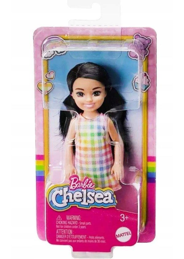 Barbie Chelsea Puppe Schwarze Haare kariertes Kleid Mattel