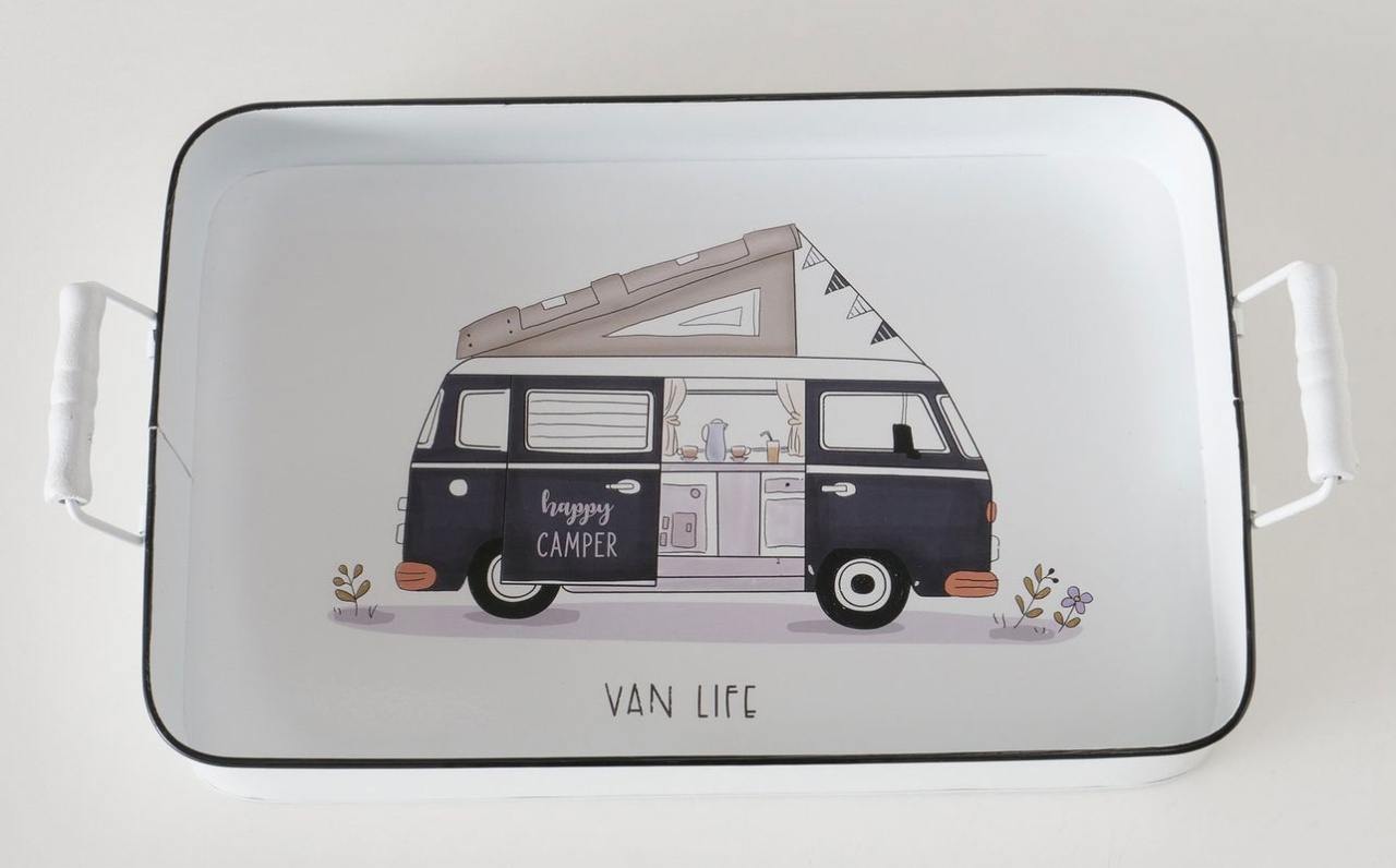 Tablett Vanlife Happy Camper Bulli Retrodesign B 29 cm Zink