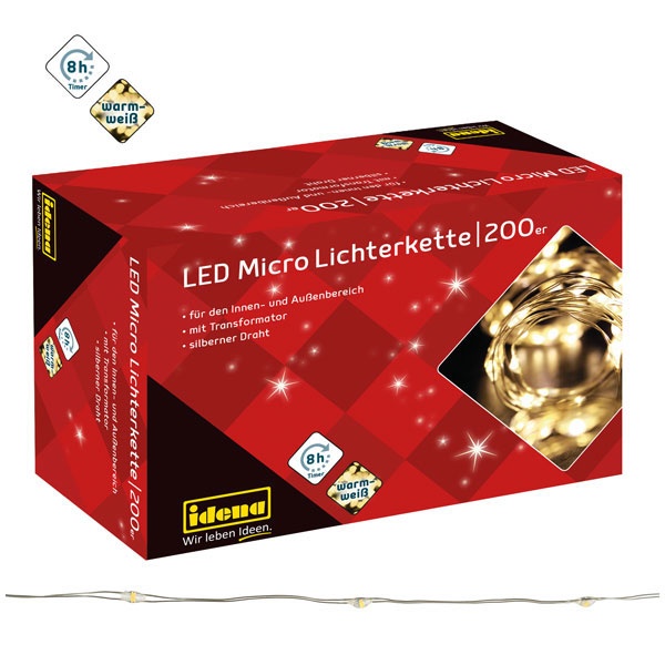 Idena micro Lichterkette 200 LED warmweiß 8h timer