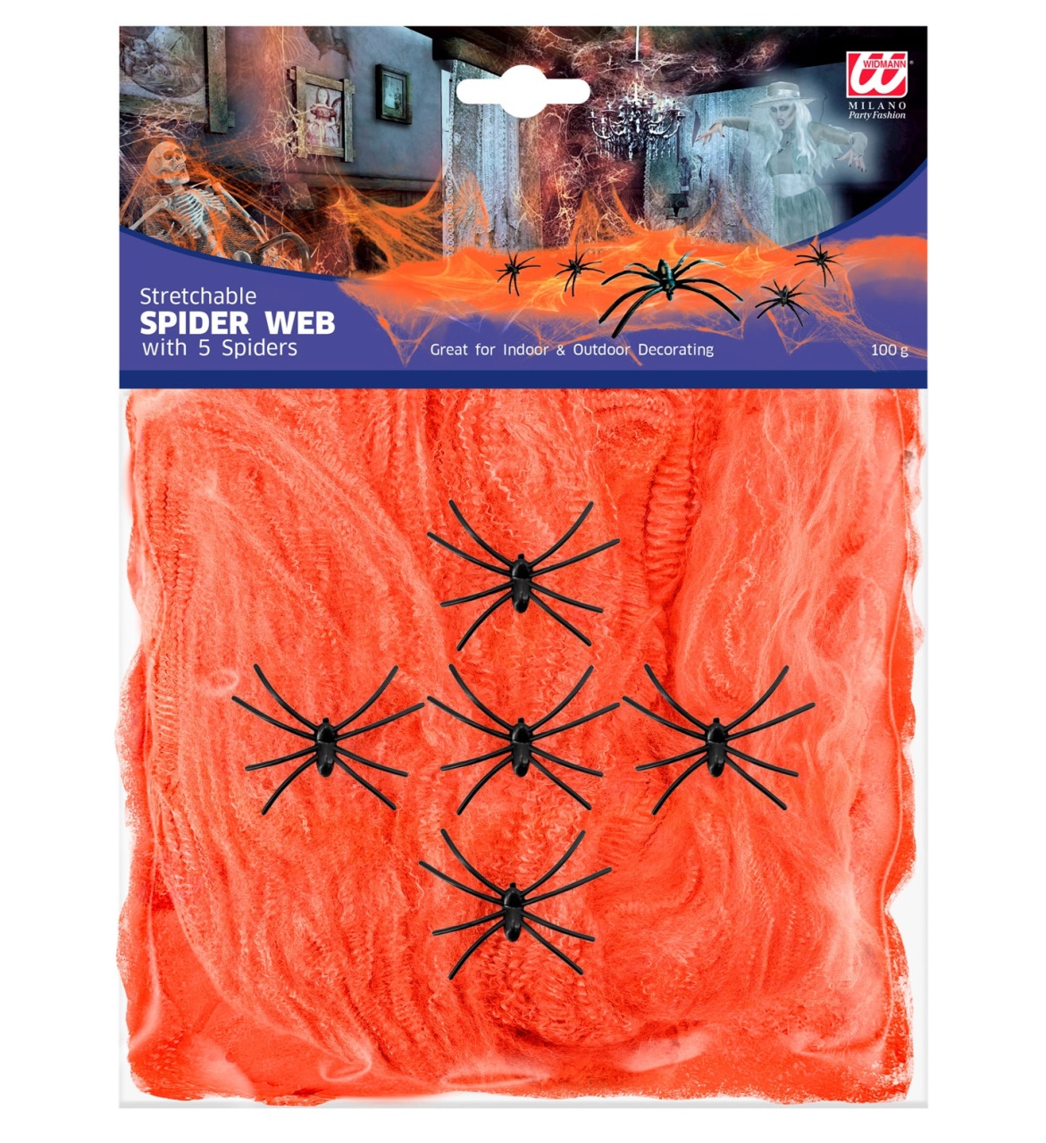 Halloween Deko Spinnennetz 100 g mit 5 Spinnen orange
