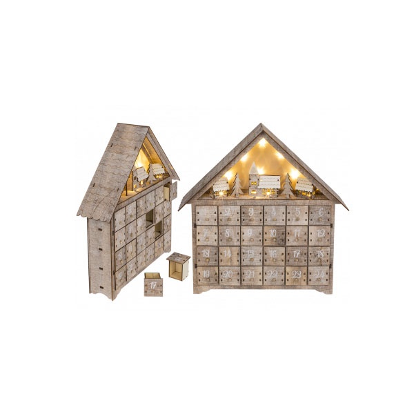 Adventskalender aus Holz zum Befüllen beleuchtet Haus