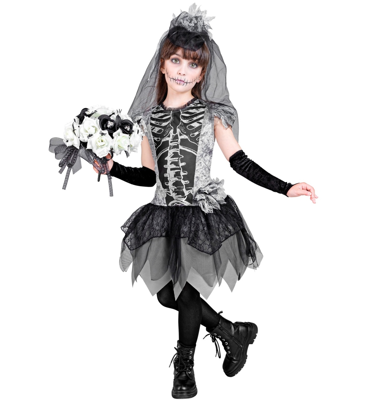 Kostüm Kinder Skelett Braut Gr. 128 5 - 7 Jahre